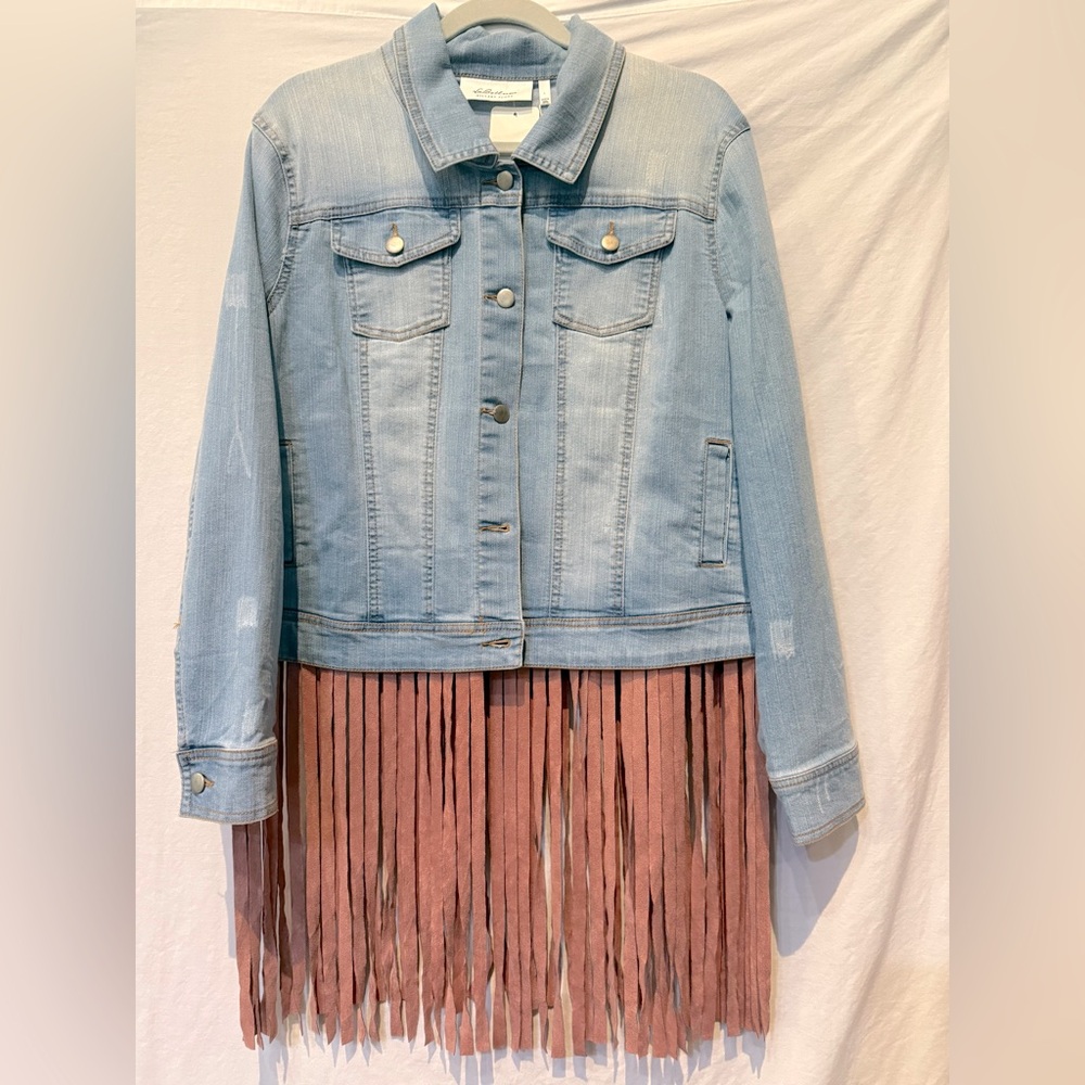 NWT - LaBellum by Hillary Scott Distressed Stretchable Jean Jacket with Fringe